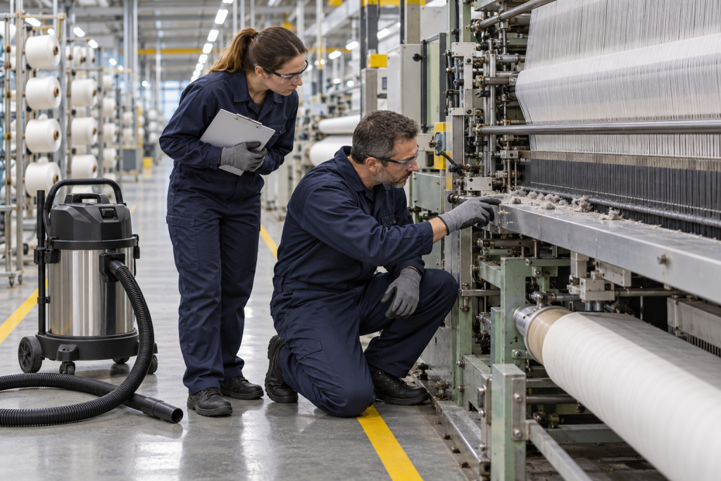 Maintenance team inspecting lint on a stationary textile machine with an industrial vacuum nearby