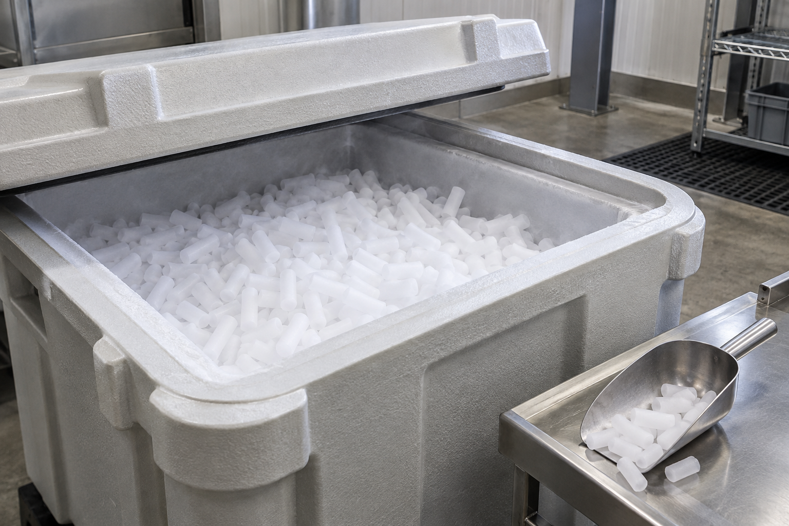 Open insulated dry ice pellet bin with a loose lid and a metal scoop in an industrial area