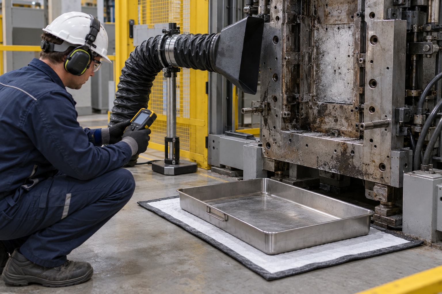 Technician checking carbon-dioxide monitoring, local exhaust, and residue collection at an industrial work area
